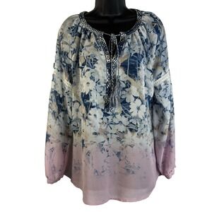 Vintage America Blues Womens Size Medium Blouse Top Pink Blue Floral Tassel Boho